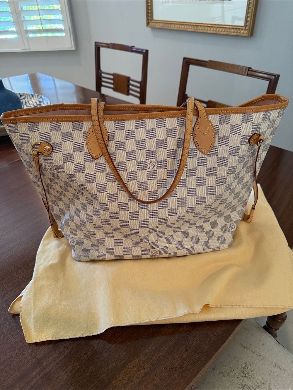 Louis Vuitton Damier Azur Canvas Neverfull Tote - Blue/White with Tan Trim